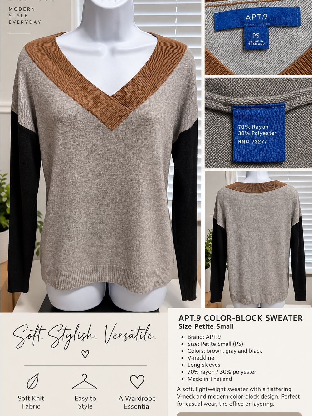 Apt. 9 Taupe, Brown & Black V-Neck Color-Block Sweater